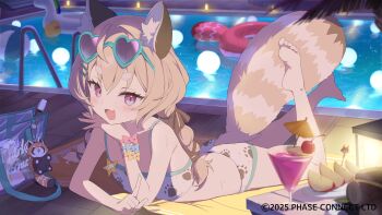 1girl animal_ear_fluff animal_ears barefoot braid brown_hair eyewear_on_head fang heart heart-shaped_eyewear highres innertube komachi_panko loli looking_at_viewer lying official_art on_stomach open_mouth paw_print phase_connect pink_eyes pool poolside red_panda red_panda_ears red_panda_tail rubber_duck same_(samefgo) skin_fang smile soles solo sunglasses swim_ring swimsuit tail thick_eyebrows virtual_youtuber