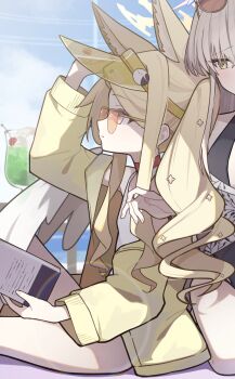 2girls adjusting_clothes adjusting_headwear animal_ears animal_hair_ornament bare_shoulders black_one-piece_swimsuit blonde_hair blue_archive blush book choker closed_mouth commentary_request drink fox_ears from_side hair_intakes hair_ornament hair_over_face hair_over_one_eye half-closed_eyes halo hand_up highres holding holding_book jacket jewelry long_hair long_sleeves looking_at_another looking_to_the_side looking_up multiple_girls nagisa_(blue_archive) nagisa_(swimsuit)_(blue_archive) official_alternate_costume one-piece_swimsuit orange-framed_eyewear orange-tinted_eyewear ponytail red_choker seia_(blue_archive) seia_(swimsuit)_(blue_archive) semi-rimless_eyewear shaded_face sitting sleeves_past_fingers sleeves_past_wrists sunlight swimsuit tinted_eyewear toki_kimagure visor_cap wavy_mouth white_one-piece_swimsuit windshield yellow_jacket yellow_visor