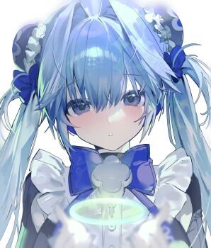1girl aen9kec armpit_cutout black_choker blue_bow blue_bowtie blue_eyes blue_hair blush bow bowtie bun_cover choker clothing_cutout frills goddess_of_victory:_nikke hair_bow hair_intakes hansel_(nikke) highres looking_at_viewer portrait ribbed_shrug shrug_(clothing) sidelocks solo twintails white_background