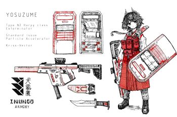 1girl absurdres ammunition_pouch baton_(weapon) boots bulletproof_vest closed_mouth gun highres holding holding_shield holding_weapon japanese_clothes knife kriss_vector miko original pleated_skirt pouch red_dot_sight red_skirt red_vest scabbard sheath shield shiokaze1409 short_hair simple_background skirt solo submachine_gun suppressor vest weapon white_background yosuzume_(shiokaze1409)