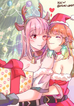 2girls absurdres alternate_costume blush breasts couple earrings feather_earrings feathers fluffy_hair gradient_hair green_highlights highres hololive hololive_english jewelry large_breasts long_hair mori_calliope multicolored_hair multiple_girls orange_hair pink_hair red_eyes smile takanashi_kiara virtual_youtuber xu_chin-wen yuri