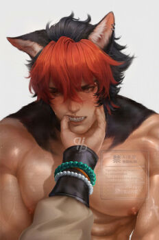 2boys abs animal_ear_piercing animal_ears black_hair blush brown_eyes clenched_teeth closed_mouth finger_to_another&#039;s_mouth komano_manato looking_at_another looking_to_the_side male_focus multicolored_hair multiple_boys muscular muscular_male nipples nude pectorals pov pov_hands qubi red_hair saliva scar scar_on_arm scar_on_chest scar_on_face simple_background sweat teeth two-tone_hair upper_body watermark white_background wise_(soaring_crane)_(zenless_zone_zero) wise_(zenless_zone_zero) yaoi zenless_zone_zero