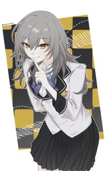 Rule 34 | 1girl, alternate costume, arm behind back, black skirt, blazer, blue bow, blue bowtie, bow, bowtie, collared shirt, commentary, cowboy shot, finger to mouth, grey hair, hashtag-only commentary, highres, honkai: star rail, honkai (series), index finger raised, jacket, leaning forward, long hair, long sleeves, mangkkyung, pleated skirt, school uniform, shirt, shushing, skirt, smile, solo, stelle (honkai: star rail), trailblazer (honkai: star rail), twitter username, white jacket, white shirt, yellow eyes