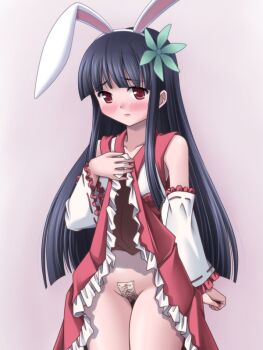 1girl animal_ear_hairband animal_ears black_hair blush clothes_lift detached_sleeves emil_chronicle_online fake_animal_ears frilled_skirt frilled_sleeves frills hair_ornament hairband japanese_clothes lifting_own_clothes long_hair maebari miko ofuda rabbit_ear_hairband rabbit_ears raised_inner_eyebrows shugoma_mutsuki skirt takanashi_tsukasa