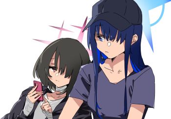 2girls bandaged_hand bandaged_neck bandages baseball_cap black_hair black_headwear black_jacket black_shirt blue_archive blue_eyes blue_hair chiriejjiyo commentary_request hat highres holding holding_phone jacket long_hair looking_at_another misaki_(blue_archive) multiple_girls phone red_eyes saori_(blue_archive) shirt short_hair upper_body white_background white_shirt