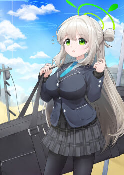 1girl :o absurdres black_jacket black_pantyhose black_skirt blazer blue_archive blue_necktie blue_sky breasts brown_hair button_gap cloud commentary_request day desert drawing_rak green_eyes green_halo hair_between_eyes halo highres jacket large_breasts long_hair long_sleeves necktie nonomi_(blue_archive) open_mouth outdoors pantyhose plaid_clothes plaid_skirt pleated_skirt school_uniform shirt sidelocks skirt sky solo undersized_clothes utility_pole very_long_hair weapon_case white_shirt