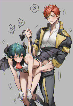 2boys alternate_costume anal ascot bare_shoulders bent_over biting_own_lip black_footwear black_pants blue_eyes blush boots male_byleth_(fire_emblem) male_byleth_(halloween)_(fire_emblem) clothes_lift clothes_pull collared_jacket collared_shirt commentary_request demon_horns demon_tail demon_wings fire_emblem fire_emblem:_three_houses fire_emblem_heroes garreg_mach_monastery_uniform gloves green_hair grey_background groin hand_on_another&#039;s_thigh heart highres horns jacket lapels licking_lips looking_at_another male_focus male_penetrated midriff motion_lines multiple_boys nintendo none_(kameko227) open_clothes open_jacket open_pants orange_hair pants pants_pull popped_collar red_ascot sex shiny_skin shirt shirt_lift sleeveless sleeveless_shirt sleeves_rolled_up speech_bubble spoken_heart standing standing_sex sweat sweatdrop sylvain_jose_gautier tail tail_pull thong tongue tongue_out trembling white_gloves white_shirt wing_collar wings yaoi yellow_eyes