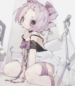 Rule 34 | 1girl, absurdres, bare shoulders, black shirt, blush, breasts, chain, cleavage, closed mouth, commentary, dated commentary, full body, highres, leg ribbon, looking at viewer, nep (nep 76), off shoulder, original, purple hair, purple ribbon, red eyes, ribbon, shirt, short hair, sitting, solo, spaghetti strap, wariza