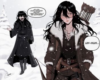 1boy 1girl absurdres belt black_hair black_robe brother_and_sister brown_gloves brown_tunic catphine collared_shirt commentary english_commentary english_text footprints fur_collar gloves hair_between_eyes hand_in_pocket hand_up head_tilt highres long_hair outdoors quiver rain_(shadow_slave) robe rope_belt shadow_slave shirt siblings snow snowing speech_bubble sunny_(shadow_slave) talking thought_bubble tree tunic walking white_shirt