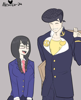 1boy 1girl anchor_symbol bag black_hair blue_jacket braid breasts crossover diamond_wa_kudakenai emergence_(shindol) gakuran glasses heart height_difference higashikata_josuke highres holding holding_bag jacket jojo_no_kimyou_na_bouken low_twin_braids medium_breasts peace_symbol pleated_skirt pompadour school_uniform signature skirt thecooleralexico twin_braids yoshida_saki