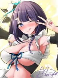 Rule 34 | 1girl, absurdres, arm up, armpits, azur lane, blue eyes, blush, breasts, choker, cleavage, closed mouth, collarbone, detached sleeves, elbow gloves, gloves, hair ornament, hair ribbon, hairclip, highres, hisin, large breasts, liverpool (azur lane), long hair, looking at viewer, maid, midriff, navel, one eye closed, purple hair, ribbon, signature, smile, solo, stomach, tongue, tongue out, v