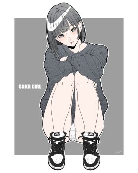 1girl absurdres bambi_surprise black_shoes grey_eyes grey_hair grey_sweater highres looking_at_viewer medium_hair multicolored_shoes nike_(company) no_pants original panties shoes signature sneakers solo squatting sweater two-tone_shoes underwear white_panties white_shoes