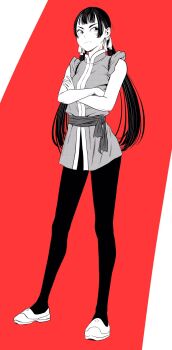 1girl breasts chinese_clothes commentary_request crossed_arms full_body greyscale_with_colored_background hair_ribbon highres lee_(dragon_garou) long_hair low_twintails original pants red_background ribbon sash shoes sideways_glance sleeves_rolled_up small_breasts solo tangzhuang twintails very_long_hair