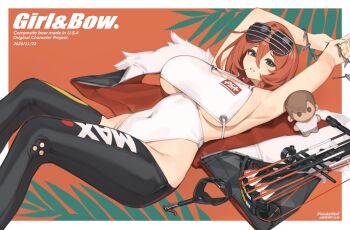 1girl absurdres armpits arms_up bilibili_xiaolu bow_(weapon) breasts compound_bow doll eyewear_on_head green_eyes hair_between_eyes highres huge_breasts jacket leotard lying medium_hair on_back original red_eyes solo sunglasses unworn_jacket weapon white_leotard