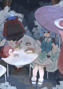 Rule 34 | 2girls, :p, absurdres, black shoes, blue eyes, blue fire, blue hair, blue skirt, blue vest, bow, bowtie, breasts, commentary, cup, disembodied head, english commentary, fire, food, frilled skirt, frills, heterochromia, highres, holding, holding umbrella, karakasa obake, large breasts, looking at viewer, mary janes, multiple girls, no noru, parfait, pie, pie slice, purple bow, purple umbrella, red eyes, red hair, sekibanki, shoes, skirt, socks, table, tatara kogasa, tea, teacup, tongue, tongue out, touhou, umbrella, vest, white bow, white bowtie, white socks