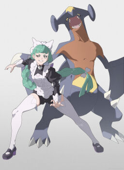 1girl apron black_romper black_sclera bow braid braided_ponytail claws colored_sclera dragon fangs fins garchomp gen_4_pokemon green_eyes green_hair grin hair_bow highres juliet_sleeves lebanne_(pokemon) long_hair long_sleeves looking_at_viewer maid maid_apron maid_headdress nintendo open_mouth pokemon pokemon_(creature) pokemon_legends:_z-a puffy_sleeves romper sharp_teeth shoes simple_background smile spikes teeth thighhighs thorn_(kmconceptart) white_bow white_thighhighs yellow_eyes