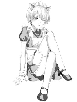 1boy animal_ears apron cat_ears check_commentary commentary commentary_request crossdressing crossdressing_(mtf) crossed_legs dot_nose frilled_apron frilled_bracelet frills full_body greyscale hands_on_ground high_heels highres looking_at_viewer maid maid_apron maid_headdress male_focus male_maid monochrome one_eye_closed original parted_lips puffy_short_sleeves puffy_sleeves purple_hair_boy_(sunaba_(nczd5875)) shoes short_hair short_sleeves simple_background sitting sketch smile solo sunaba_(nczd5875) thighhighs thighs trap white_background