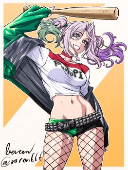 1girl abs arm_up baron_(varon666) baseball_bat blonde_hair breasts choker copyright_name cosplay cowboy_shot fishnet_pantyhose fishnets fuuto_tantei gluteal_fold harley_quinn harley_quinn_(cosplay) highres holding holding_baseball_bat kamen_rider_w large_breasts looking_ahead medium_breasts medium_hair midriff multicolored_hair muscular narrow_waist navel out_of_frame pantyhose parted_bangs short_shorts shorts smile solo thigh_gap tokime_(fuuto_tantei) twintails twitter_username upper_body