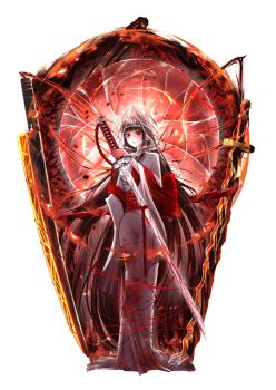 1girl black_hair blood blood_on_clothes bloody_weapon bridal_veil commentary_request full_body furidrawing highres holding holding_sword holding_weapon hood japanese_clothes katana kimono korean_commentary limbus_company long_hair long_sleeves looking_at_viewer obi open_mouth planted planted_sword planted_weapon project_moon red_eyes red_rope red_sash ribbon rope ryoshu_(project_moon) sash see-through_clothes shiromuku solo standing sword uchikake veil veins wataboushi weapon white_background white_kimono wide_sleeves