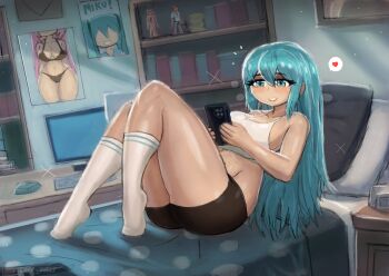 1girl alarm_clock bed bed_sheet bedroom bike_shorts black_bike_shorts blue_eyes blue_hair blush book bookshelf breasts cellphone cleavage clock collarbone computer computer_keyboard computer_mouse crossover desk envelope grin hatsune_miku heart holding holding_phone large_breasts long_hair looking_at_phone lying megurine_luka midriff minecraft monitor navel nightstand on_bed phone picture_frame pillow polka_dot polka_dot_bed_sheet poster_(object) shirt smartphone smile socks sparkle speech_bubble spoken_heart steve_(minecraft) tank_top teeth thick_thighs thighs tony_welt toy vocaloid white_shirt white_socks wide_hips
