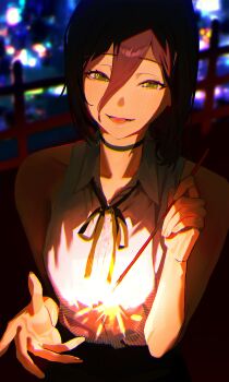 1girl absurdres black_choker black_hair blush breasts chainsaw_man choker dark green_eyes hair_between_eyes highres holding holding_fireworks looking_at_viewer medium_breasts night open_mouth outdoors reze_(chainsaw_man) shirt solo upper_body white_shirt ziki_(gkdlfnzo1245)