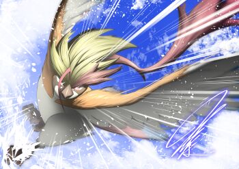 beak blue_sky brown_fur cloud crest dynamic_pose feathered_wings feathers flying from_below gen_1_pokemon glowing glowing_eyes highres light_particles long_hair looking_at_viewer mega_evolution mega_pidgeot mega_pokemon mitsukuma448 motion_lines multicolored_hair nintendo no_humans pidgeot pokemon pokemon_(creature) red_eyes signature sky speed_lines spread_wings stray_hair streaked_hair talons wind wings