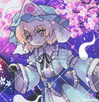 Rule 34 | 1girl, artist name, black ribbon, blue hat, blue kimono, center frills, cherry blossoms, closed mouth, commentary, dated, falling petals, folding fan, frilled kimono, frills, hand fan, hat, hitodama, holding, holding fan, japanese clothes, kimono, long sleeves, looking at viewer, maa (forsythia1729), mob cap, neck ribbon, petal print, petals, pink eyes, pink hair, pink petals, print kimono, ribbon, saigyouji yuyuko, sleeve garter, smile, solo, touhou, traditional media, triangular headpiece, watermark, watermark grid, wide sleeves