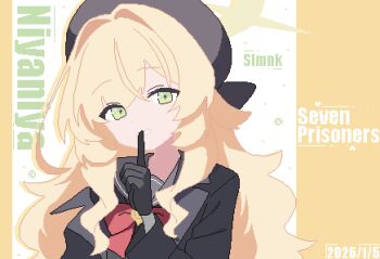 1girl absurdres beret black_gloves black_hat black_jacket blonde_hair blue_archive finger_to_mouth gloves green_eyes halo hand_up hashtag-only_commentary hat highres jacket long_hair looking_at_viewer pixel_art professor_niyaniya_(blue_archive) shushing slmnk10124 smile solo upper_body yellow_halo