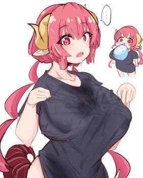 ... 1girl black_shirt bottomless breasts covered_erect_nipples curled_horns dragon_girl dragon_horns dragon_tail drill_hair drinking horns huge_breasts ilulu_(maidragon) kobayashi-san_chi_no_maidragon low_twintails milk no_bra open_mouth oversized_clothes oversized_shirt pointy_ears red_eyes red_hair sharp_teeth shiming_liangjing shirt slit_pupils solo spoken_ellipsis standing t-shirt tail teeth twin_drills twintails upper_teeth_only wet wet_clothes wet_shirt white_background