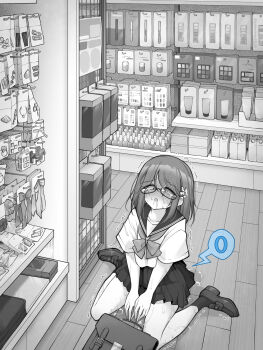 Rule 34 | 1girl, bag, commentary request, glasses, highres, holding, holding bag, implied vibrator, indoors, kakuremino7928, large variant set, medium hair, miniskirt, monochrome, open mouth, original, paid reward available, pleated skirt, pussy juice, sailor collar, sailor shirt, school uniform, semi-rimless eyewear, serafuku, shirt, shoes, short sleeves, sitting, skirt, socks, solo, sweat, trembling, under-rim eyewear, variant set, wariza