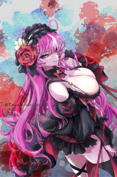 1girl ahoge ankle_strap black_dress black_hairband black_panties black_shoes black_sleeves bow bowtie braid breasts brooch brown_thighhighs cleavage coffin commentary cup dress falling_petals fang flower frilled_dress frilled_hairband frills full_body guardian_tales hairband hands_up highres holding holding_cup jewelry large_breasts leg_ribbon long_hair looking_at_viewer multicolored_dress multicolored_hair nail_polish navel no_bra no_pants panties petals pink_eyes pink_hair purple_flower purple_nails purple_rose red_bow red_bowtie red_dress red_flower red_ribbon red_rose revealing_clothes ribbon ribbon-trimmed_sleeves ribbon_trim rose shoes showgirl_skirt simple_background single_thighhigh skin_fang solo standing streaked_hair takenokojro thigh_ribbon thigh_strap thighhighs tongue tongue_out transparent_background two-sided_dress two-sided_fabric two-sided_sleeves two-tone_hair underwear vampire_girl_karina waist_cape white_flower white_hair