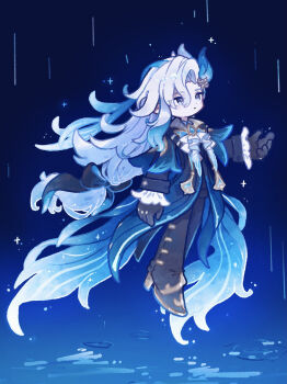 1boy ascot black_bow black_gloves black_pants black_shirt black_shoes blue_background blue_coat blue_eyes blue_hair bow closed_mouth coat commentary_request frilled_sleeves frills full_body genshin_impact gloves hair_between_eyes hair_bow hand_up harukui highres long_hair long_sleeves male_focus multicolored_hair neuvillette_(genshin_impact) pants rain shirt shoes solo standing streaked_hair white_ascot white_hair