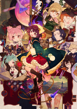 4boys 6+girls atelier_(series) atelier_sophie bag bare_shoulders blue_coat book bow brown_eyes cauldron church coat corneria_(atelier) elise_phulie flask hair_ornament harol_simens hat headscarf highres horst_basler jewelry logix_ficsario long_coat long_hair looking_at_viewer monika_ellmenreich multiple_boys multiple_girls necklace noco_(adamas) official_art open_mouth oskar_behlmer pamela_ibis pink_bow pink_hair plachta red_eyes red_skirt short_hair skirt sophie_neuenmuller tess_heitzmann yellow_hat