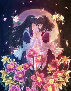 2girls alice_(ragnarok_online) aliza apron black_hair brown_hair couple closed_eyes female_focus flower foreshortening holding_hands interlocked_fingers long_hair maid maid_apron maid_headdress multiple_girls petals ragnarok_online short_hair smile yakka yuri