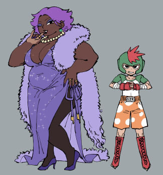 1boy 1girl \m/ boots boxing_gloves boxing_headgear boxing_shorts breasts cleavage commentary dress earrings english_commentary eyelashes eyeshadow feather_boa fingerless_gloves fingernails flurrie full_body gloves gold_ring green_helmet green_sleeves grey_background grin half-closed_eyes hand_on_own_hip hand_up helmet high_heels highres humanization initial jewelry kaibootsu knee_boots large_breasts light-skinned_palms long_fingernails low_neckline makeup mario_(series) mini-yoshi multiple_rings nail_polish necklace nintendo one_eye_closed orange_shorts palm-fist_tap pantyhose paper_mario paper_mario:_the_thousand-year_door parted_lips pearl_necklace personification plump purple_dress purple_eyeshadow purple_hair purple_nails purple_shoes raglan_sleeves red_boots red_gloves red_hair ring shirt shoes short_hair short_sleeves shorts simple_background sleeveless sleeveless_dress smile sparkle sparkling_clothes sphere_earrings spiked_hair standing two-tone_shirt v-shaped_eyes white_shirt