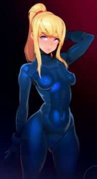 1girl arm_up blonde_hair blue_bodysuit blush bodysuit breasts cameltoe commentary covered_erect_nipples covered_navel cowboy_shot doxy english_commentary female_focus gluteal_fold groin hair_ornament hair_scrunchie high_ponytail impossible_bodysuit impossible_clothes lips long_hair looking_at_viewer metroid nintendo perky_breasts ponytail puckered_lips purple_eyes samus_aran scrunchie shiny_clothes sidelocks skin_tight small_breasts solo standing swept_bangs zero_suit