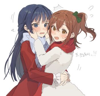 2girls absurdres arms_around_waist black_hair blue_eyes blush brown_eyes brown_hair coat hands_on_another&#039;s_cheeks hands_on_another&#039;s_face hano9789 highres idolmaster idolmaster_million_live! kasuga_mirai korean_text long_hair looking_at_viewer looking_to_the_side mogami_shizuka multiple_girls one_side_up open_mouth red_coat red_scarf scarf short_hair simple_background translation_request upper_body white_background white_scarf yuri