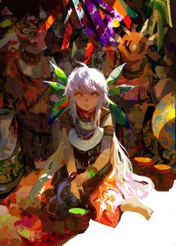 1girl abstract_background absurdres colorful commentary dark_skin english_commentary highres kevin_adi long_hair looking_at_viewer original red_eyes solo symbol-shaped_pupils white_hair