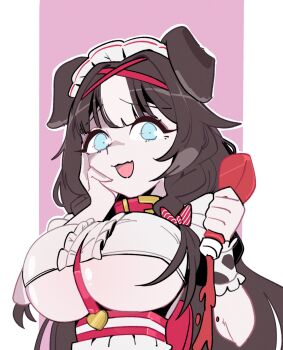 1girl absurdres animal_collar animal_ears bibi_biscuit black_hair blue_eyes bow breasts collar commentary dog_ears dog_girl frilled_hairband frilled_wrist_cuffs frills hair_bow hairband highres jushikuroni large_breasts leash long_hair multicolored_hair open_mouth phase_connect red_bow red_collar solo streaked_hair underboob virtual_youtuber white_hair wrist_cuffs