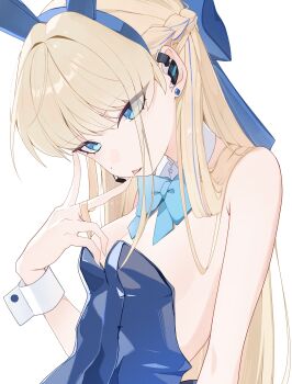 1girl :p absurdres animal_ears arm_at_side bare_arms bare_shoulders blonde_hair blue_archive blue_bow blue_bowtie blue_eyes blue_hairband blue_leotard blue_streaks bow bowtie braid breasts closed_mouth commentary_request detached_collar earrings fake_animal_ears from_side hair_between_eyes hair_bow hair_lift hairband half_up_braid hand_up headset highres jewelry leotard long_hair looking_at_viewer medium_breasts multicolored_hair official_alternate_costume playboy_bunny rabbit_ears rhsirq simple_background solo strapless strapless_leotard streaked_hair stud_earrings toki_(blue_archive) toki_(bunny)_(blue_archive) tongue tongue_out upper_body v white_background wrist_cuffs