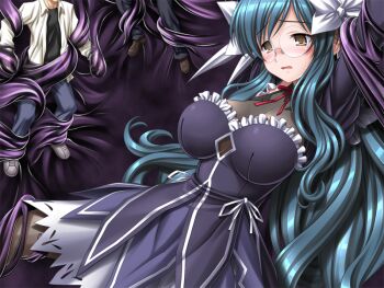 1girl 2boys arms_up bdsm blue_hair blush bound bow breasts brown_eyes dress game_cg glasses higuchi_isami imminent_rape large_breasts large_variant_set long_hair magical_girl mahou_shoujo_sae multiple_boys nishijima_shouko non-web_source official_art open_mouth pantyhose restrained ribbon rimless_eyewear solo_focus tentacles variant_set very_long_hair yellow_eyes