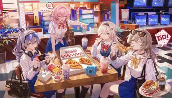 4girls ;) anger_vein bag black_hairband blue_skirt bow bowtie breasts camera commentary cup disposable_cup drill_hair english_commentary eyewear_on_head firefly_(honkai:_star_rail) food french_fries goggles goggles_on_head grey_hair hairband handheld_game_console highres holding holding_food holding_handheld_game_console holding_pizza honkai:_star_rail honkai_(series) ice_cream indoors long_hair march_7th_(honkai:_star_rail) medium_breasts medium_hair monitor multiple_girls one_eye_closed pink_hair pizza pizza_box pizza_slice playing_games playing_video_games pleated_skirt pointing red_bow red_bowtie round1 school_bag school_uniform shirt silver_wolf_(honkai:_star_rail) sitting skirt smile soda spoken_anger_vein standing stelle_(honkai:_star_rail) sundae table tissue_box trailblazer_(honkai:_star_rail) very_long_hair white_shirt zerotabi1210