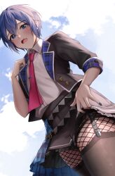 Rule 34 | 1boy, absurdres, backlighting, belt, black thighhighs, blue eyes, blue hair, blue nails, blush, bridal garter, clothes lift, cloud, cloudy sky, collared shirt, commentary, crossdressing, dreamxiety, embarrassed, english commentary, fang, fishnet pantyhose, fishnets, frilled skirt, frills, from below, hair between eyes, highres, jacket, kaito (vocaloid), leo/need kaito, looking at viewer, male focus, nail polish, necktie, open clothes, open jacket, open mouth, outdoors, pantyhose, pink necktie, project sekai, shirt, short hair, shy, sidelighting, skin fang, skirt, skirt lift, sky, solo, standing, tearing up, thighhighs, thighs, trap, vocaloid, white shirt