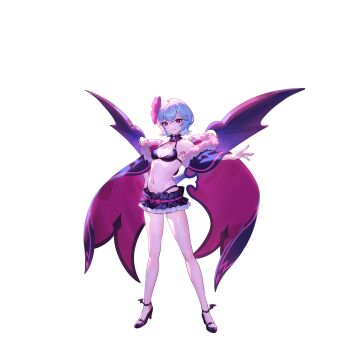 1girl alternate_costume bat_wings bikini black_bikini black_choker black_shoes blue_hair breasts choker cleavage closed_mouth flower full_body game_cg hair_flower hair_ornament high_heels highres looking_at_viewer navel non-web_source o-ring o-ring_bikini official_art pink_flower red_eyes remilia_scarlet second-party_source shoes short_hair sky small_breasts smile solo stomach swimsuit touhou touhou_gensou_eclipse transparent_background u_u_zan wings