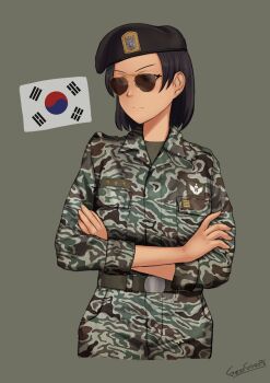 1girl absurdres aviator_sunglasses belt beret black_hair brown_eyes camouflage camouflage_pants commentary cowboy_shot crossed_arms english_commentary green_background green_belt green_shirt grzegorz1996 hat highres looking_to_the_side military_fatigues military_uniform original pants republic_of_korea_army shirt short_hair signature simple_background south_korea south_korean_flag sunglasses