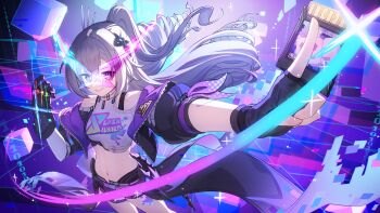 1girl absurdres bare_shoulders black_gloves black_jacket black_shorts chinese_commentary choker closed_mouth commentary_request crop_top drill drill_hair fingerless_gloves gloves grey_eyes grey_hair hair_ornament highres holding honkai:_star_rail honkai_(series) jacket laska_(572124034) long_hair looking_at_viewer midriff navel off_shoulder open_clothes open_jacket outstretched_arm ponytail shirt short_shorts short_sleeves shorts silver_wolf_(honkai:_star_rail) silver_wolf_(lv.999)_(honkai:_star_rail) single_glove sleeveless sleeveless_shirt smile solo spray_can stomach thighs twin_drills white_shirt