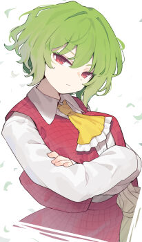 Rule 34 | 1girl, ascot, breasts, collared shirt, commentary request, crossed arms, falling leaves, garasuno, green hair, hair between eyes, highres, kazami yuuka, leaf, long sleeves, looking at viewer, plaid clothes, plaid skirt, plaid vest, red eyes, shirt, short hair, simple background, skirt, skirt set, solo, touhou, vest, white background, white shirt, yellow ascot