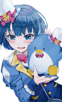 Rule 34 | > o, 1girl, absurdres, blue eyes, blue hair, blue shirt, blue vest, blue wrist cuffs, blush, bow, candy cane ornament, clothing cutout, clover hair ornament, collar, dutch angle, fingernails, frilled wrist cuffs, frills, hair ornament, hand up, hat, hat ornament, heart, heart hat ornament, heart in eye, highres, holding, holding stuffed toy, kiritani haruka, long sleeves, looking at viewer, matching accessory, mini hat, mini top hat, neu 33, one eye closed, pink bow, pink ribbon, pocket, project sekai, ribbon, shirt, short hair, shoulder cutout, simple background, solo focus, stuffed animal, stuffed penguin, stuffed toy, symbol in eye, tilted headwear, top hat, two-tone shirt, vest, white background, white hat, white shirt, wrist cuffs