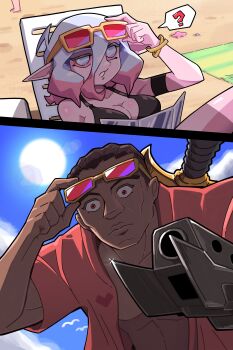 1boy 1girl ? absurdres adjusting_eyewear beach_chair bikini black_bikini blade_(marvel) blue_sky breasts briar_(league_of_legends) brown_hair cleavage colored_sclera commentary cornrows crossover dark-skinned_male dark_skin english_commentary gradient_hair gun hebinalmeog highres holding holding_gun holding_weapon large_breasts league_of_legends marvel marvel_rivals multicolored_hair muscular muscular_male open_clothes open_shirt outdoors pink_hair pink_shirt pointy_ears red_eyes red_sclera shirt sky speech_bubble spoken_question_mark swimsuit sword sword_on_back trait_connection vampire weapon weapon_on_back white_eyes white_hair wide-eyed