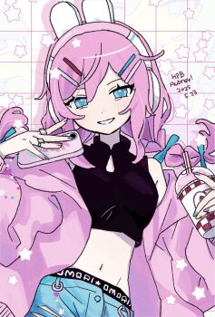 06ori 1girl 2025 :d aegyo_sal animal_ear_headphones animal_ears aubrey_(birthday)_(omori) aubrey_(faraway)_(omori) aubrey_(omori) bare_shoulders belt black_belt black_shirt blue_bow blue_eyes blue_nails blue_pants bow braid breasts buttons cardigan cardigan_partially_removed character_name clothes_writing clothing_cutout commentary_request copyright_name cowboy_shot cowlick crop_top cropped_shirt cup dated denim disposable_cup double-parted_bangs drinking_straw fake_animal_ears floating_hair grid_background grin hair_between_eyes hair_bow hair_ornament hairclip hands_up happy_birthday headphones highres holding holding_cup holding_phone jeans jewelry light_blush long_hair long_sleeves looking_at_viewer low_twin_braids midriff multicolored_nails nail_polish navel official_alternate_costume omori open_cardigan open_clothes open_mouth pants parallel_hairclips phone pink_cardigan pink_hair pink_nails puffy_long_sleeves puffy_sleeves purple_nails rabbit_ear_headphones rabbit_ears ring shirt sidelocks simple_background sleeveless sleeveless_shirt small_breasts smile standing star_(symbol) star_print star_symbol_background torn_clothes torn_jeans torn_pants tsurime twin_braids white_background white_nails yellow_nails zoom_layer